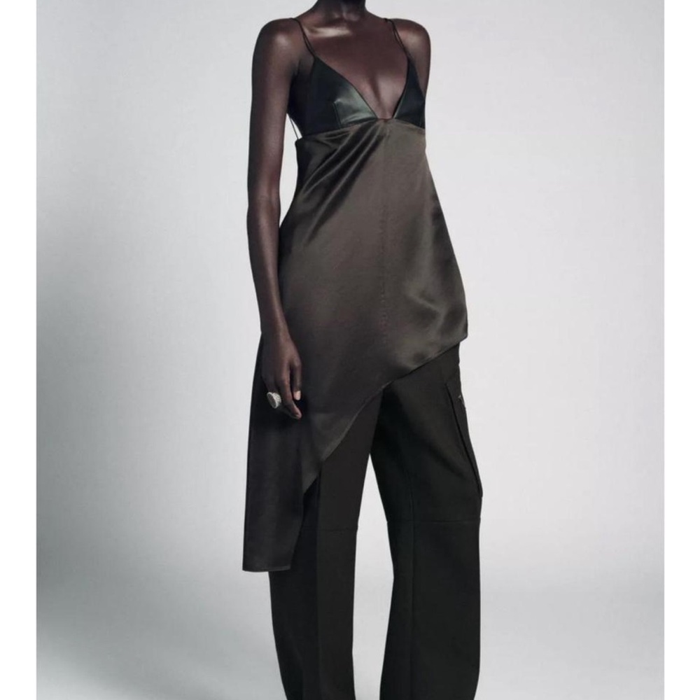 Zara a-symmetrical Satin/ faux leather top Chocolate Brown and Black